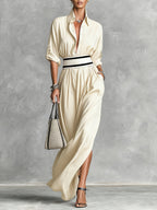 French Belted High-Slit Dress by 64b136-1e featuring a flowing silhouette, high slit, and a stylish belt detail.