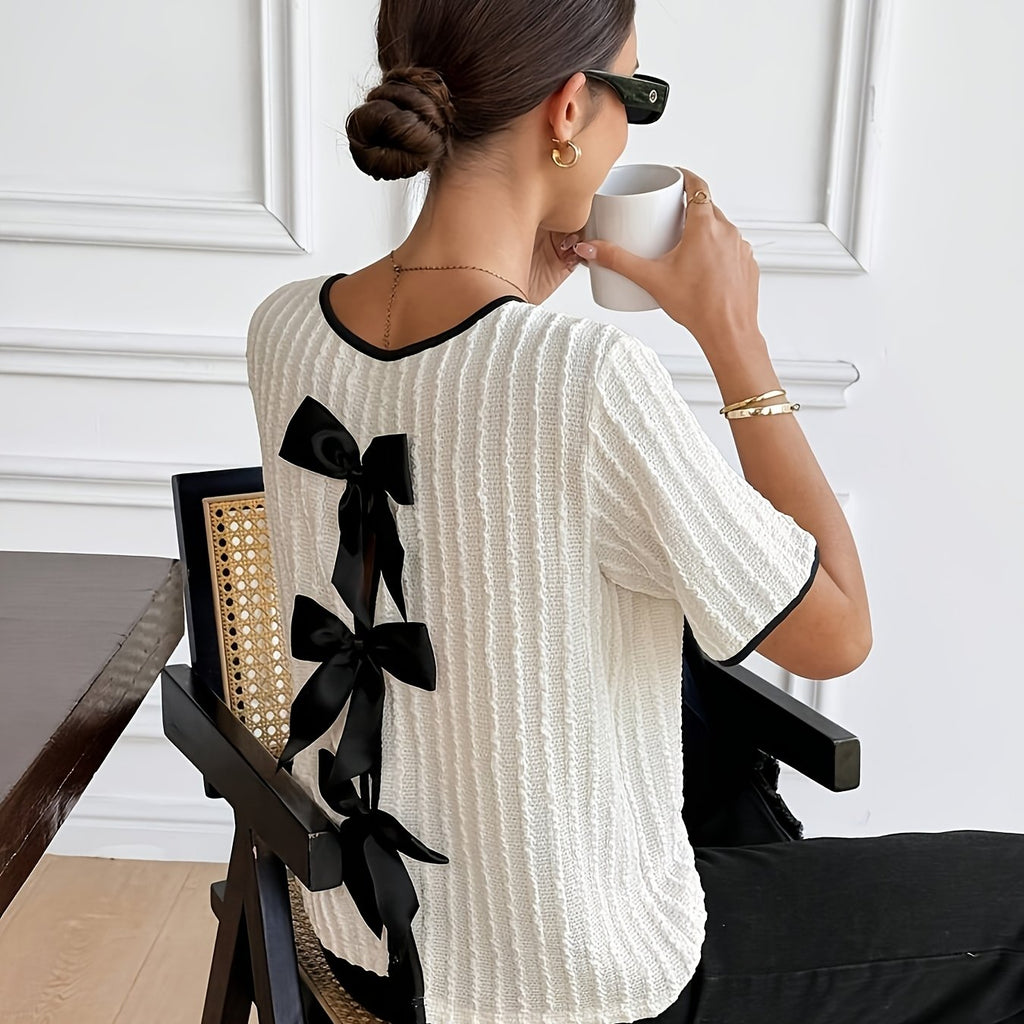 French Style Apricot Bow Back Stripe Crepe Top