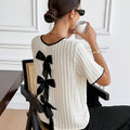 French Style Apricot Bow Back Stripe Crepe Top
