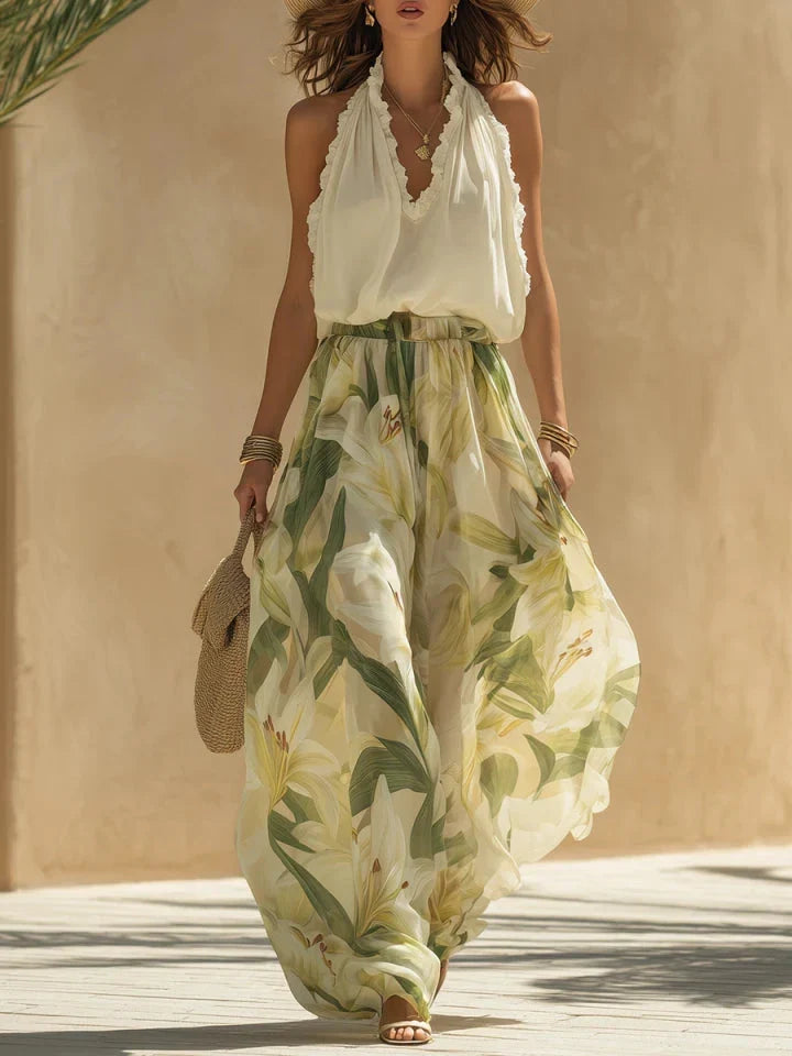 Lily | Ruffled Chiffon Top Printed Pants Set
