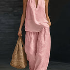 Linen top and wide-leg pants set by 64b136-1e, featuring a relaxed fit and natural linen fabric, styled together in a casual outfit.