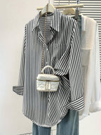 Striped 64b136-1e button pocket shirt, casual tops with front pocket and button closure, featuring blue and white vertical stripes.