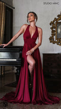 LOVE - Ruby Red Flowy Formal Dress with Plunge Neckline & Leg Split
