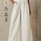 Linen wide-leg pants in neutral tones from 64b136-1e, styled with a relaxed fit and flowing fabric for casual comfort.