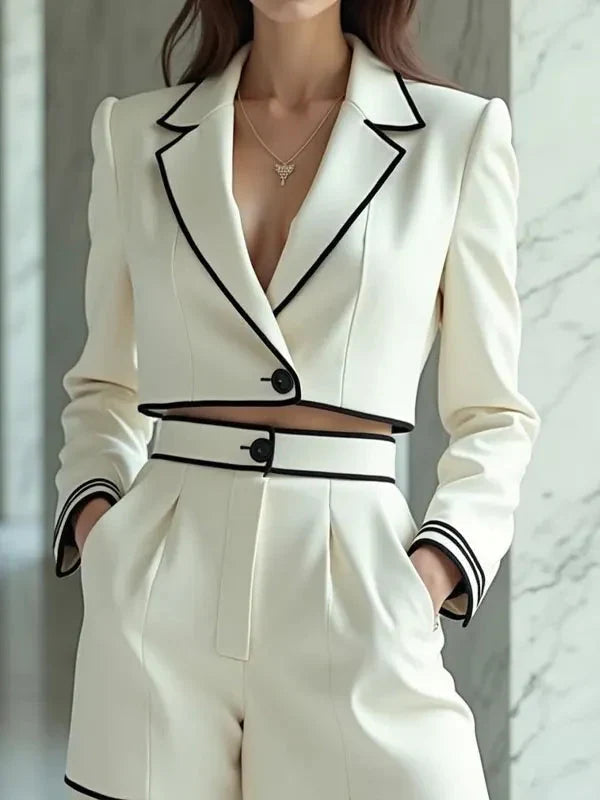 Colette | Black Piping Cropped Blazer Shorts Suit Set