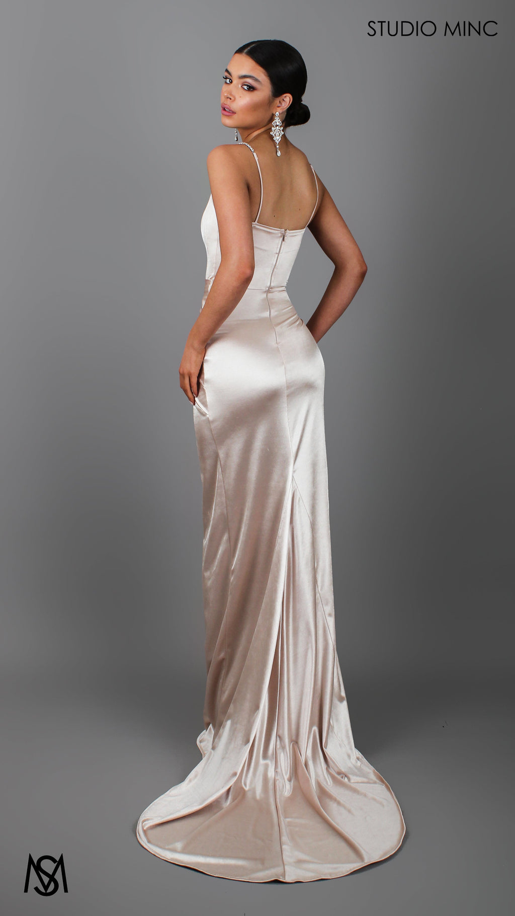Crave - Champagne Satin Corset Formal Dress with Leg Split