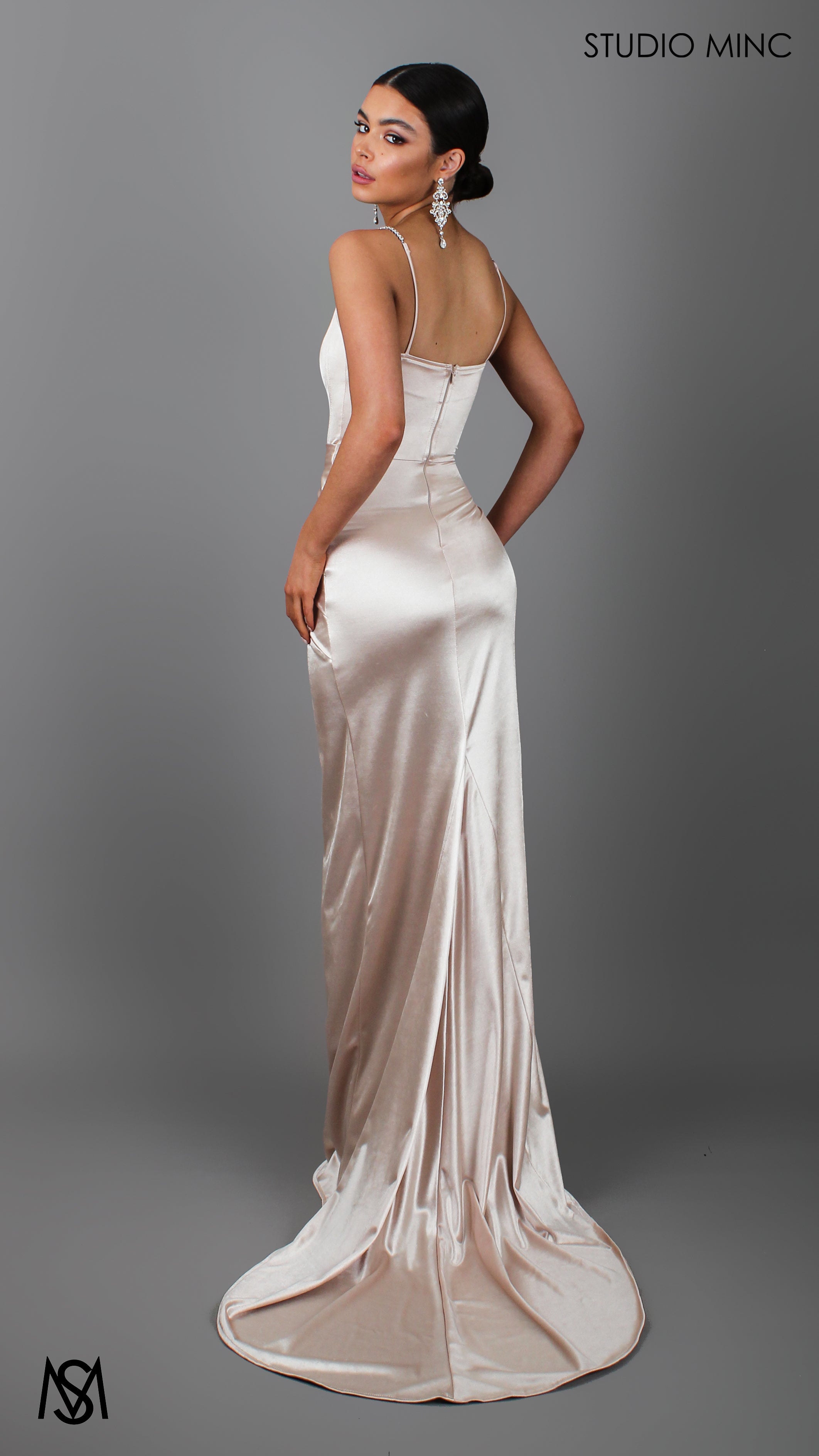Crave - Champagne Satin Corset Formal Dress with Leg Split