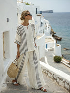 Casual striped lounge set by 64b136-1e featuring a comfortable spring and summer outfit, includes matching top and pants.