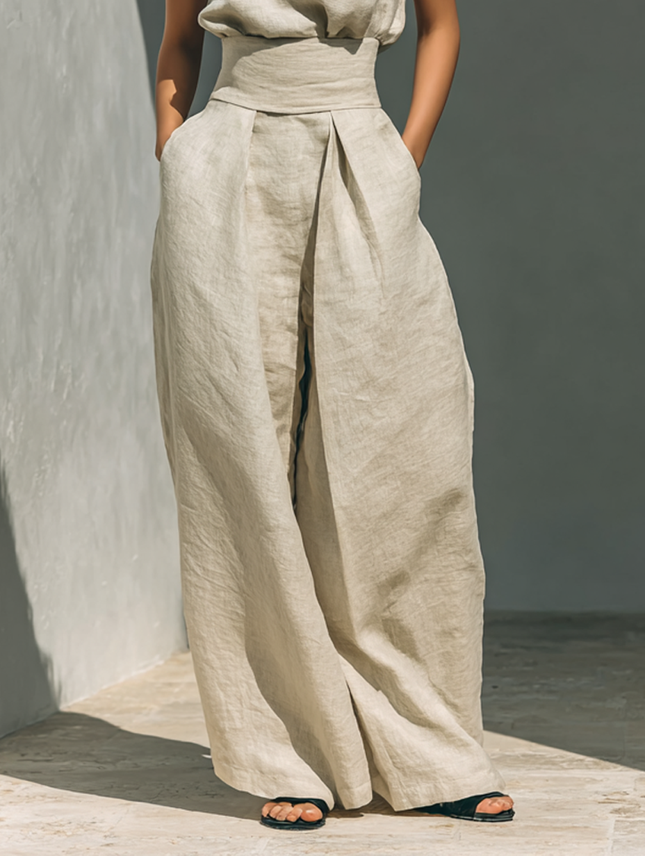 Cotton And Linen Blend Blouse And Leg Pants Set