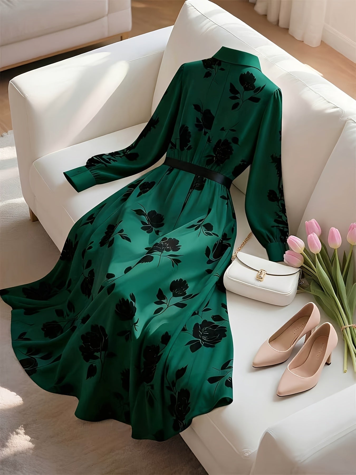 French Floral Belted Maxi Dress