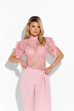 Pink lace top from the Gardenia collection by 64b136-1e, featuring intricate lace details and a stylish fit.