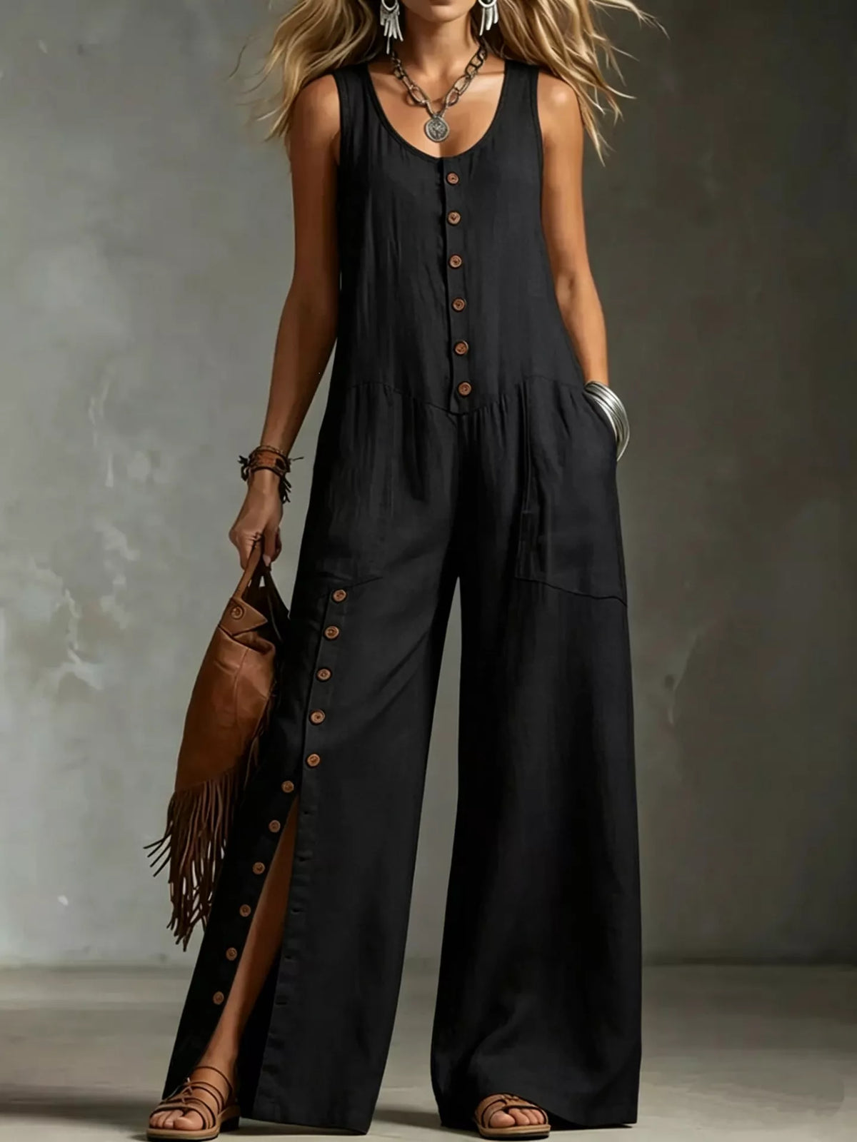 Sleeveless Button-Front Wide-Leg Jumpsuit