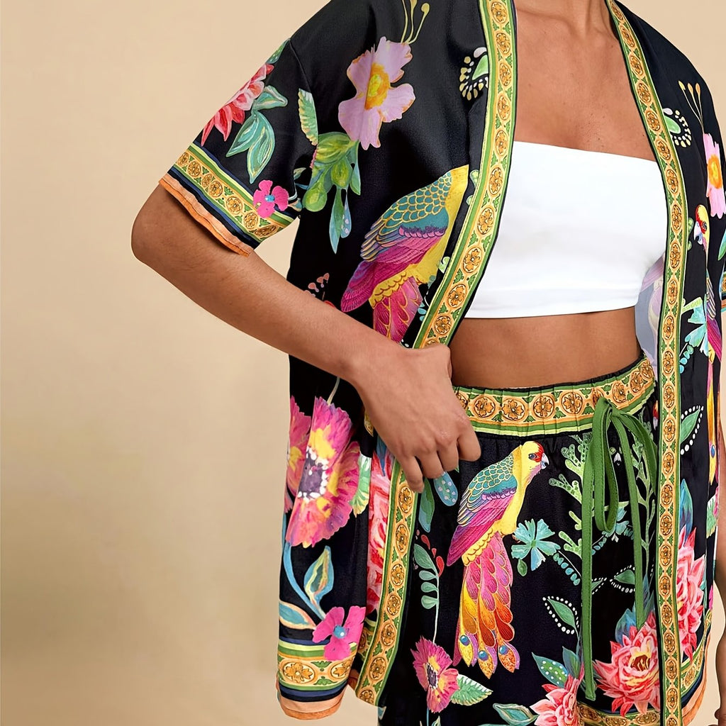 Tropical Breeze short sleeve top and shorts set in vibrant floral print, casual summer outfit by 64b136-1e.