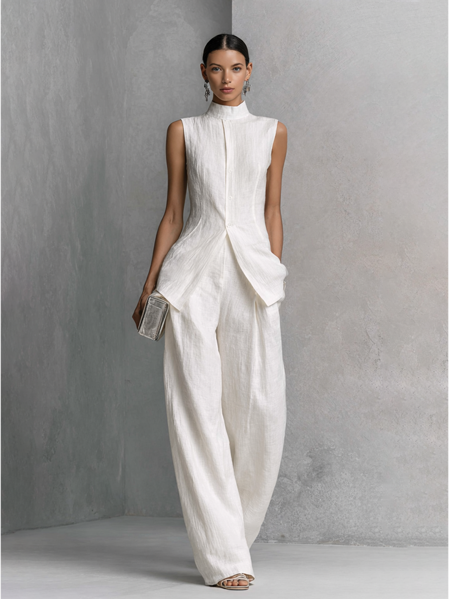 Elegant Cotton Linen Sleeveless Top and  Pants Set