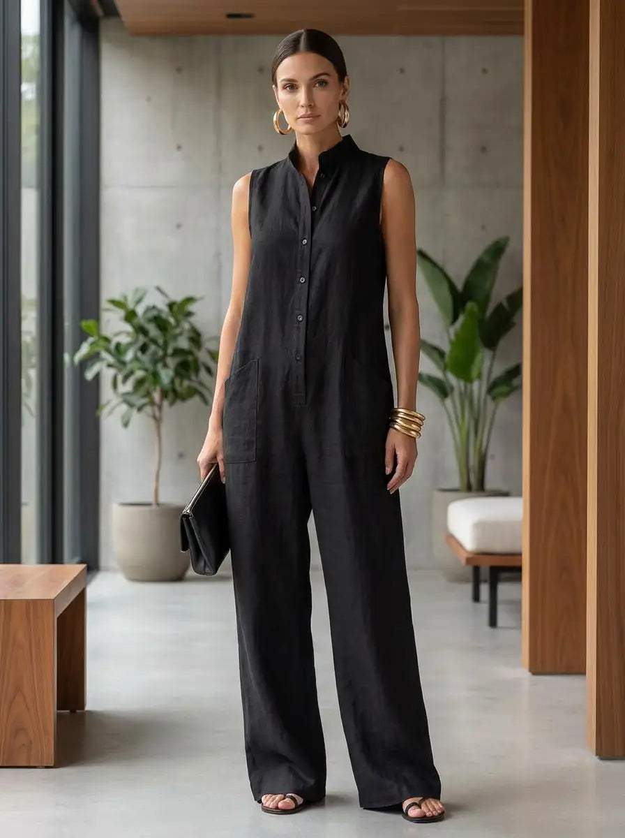Black Sleeveless Jumpsuit — Stand Collar
