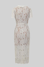 Elegant Short Sleeve Lace Dress With Matching Waist Belt - White