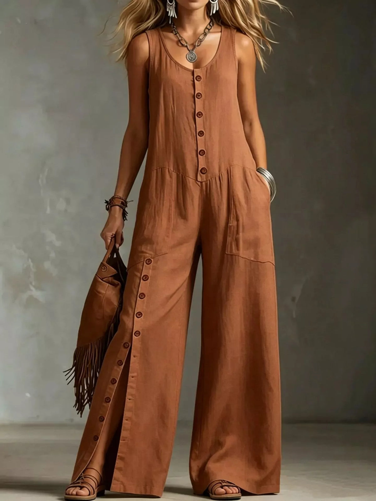 Sleeveless Button-Front Wide-Leg Jumpsuit