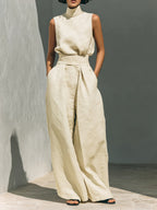Linen sleeveless two-piece set by 64b136-1e featuring a crop top and matching wide-leg pants, casual and breathable summer outfit.