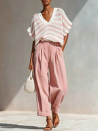 Chic blue stripe mesh V-neck summer cover-up blouse from 64b136-1e, featuring lightweight fabric and stylish design.
