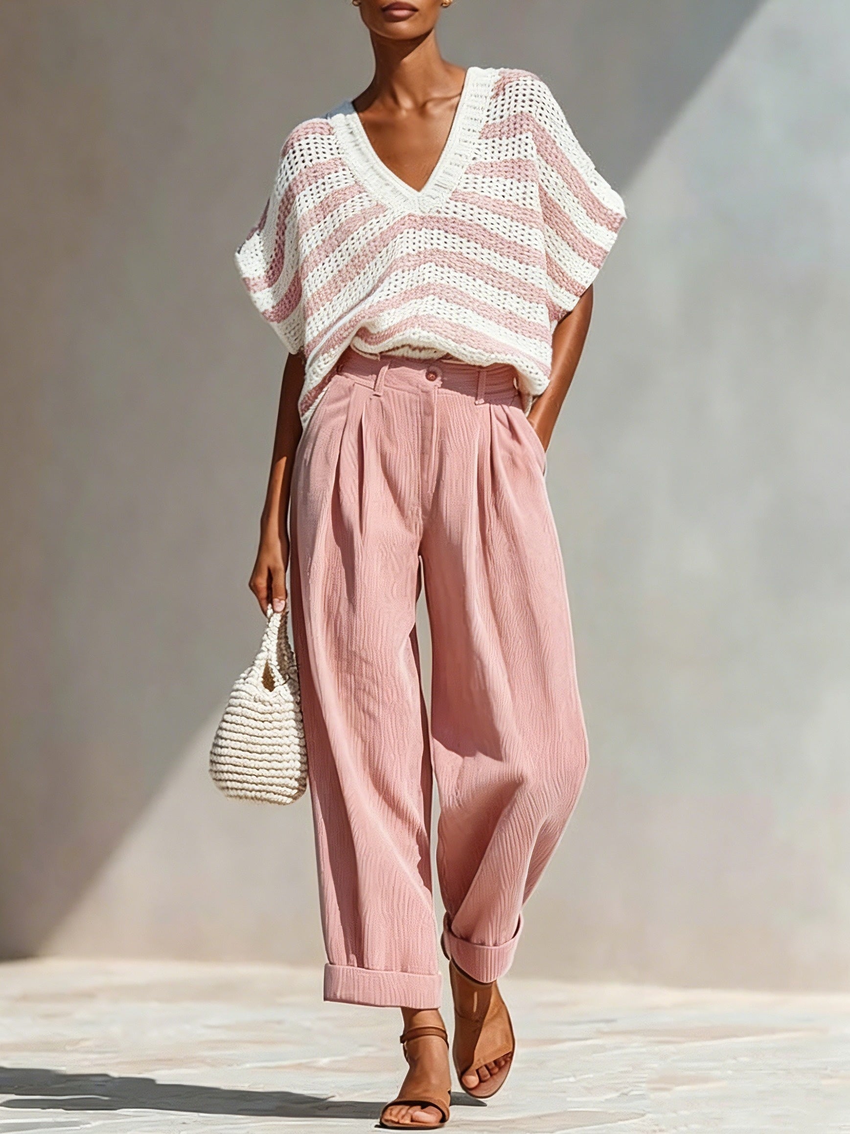 Chic Blue Stripe Mesh VNeck Summer CoverUp Blouse