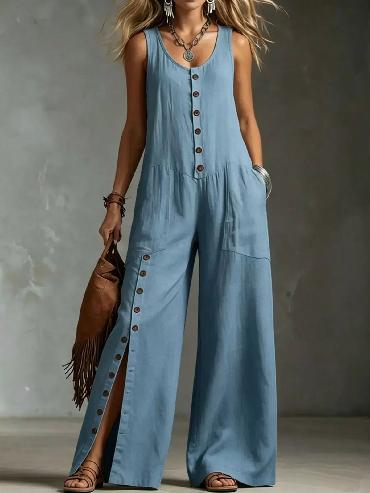 Sleeveless Button-Front Wide-Leg Jumpsuit