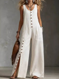 Sleeveless Button-Front Wide-Leg Jumpsuit