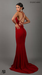 AURA - Deep Red Shimmer Figure Flattering Formal Dress with Cowl Neckline