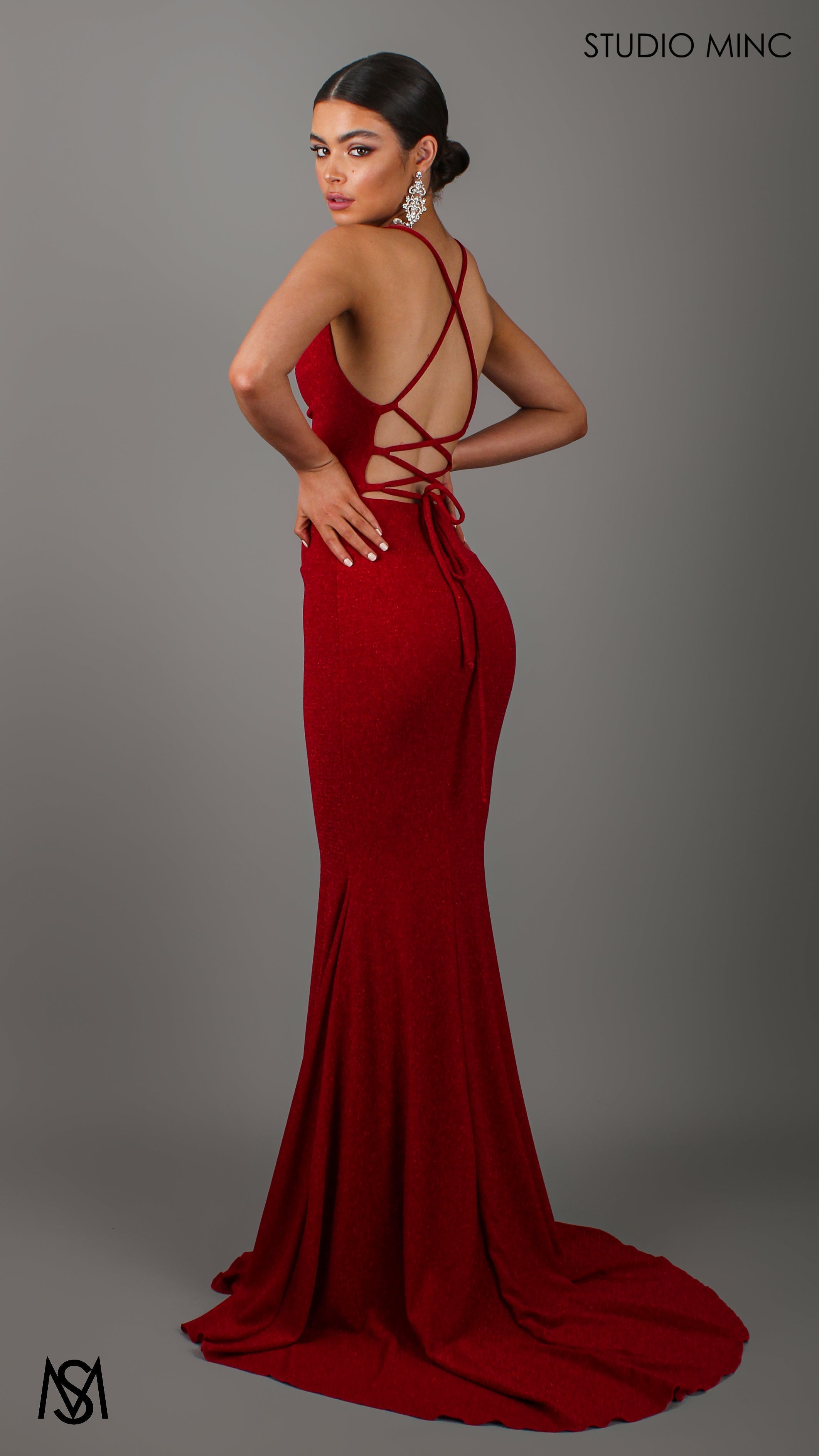 AURA - Deep Red Shimmer Figure Flattering Formal Dress with Cowl Neckline