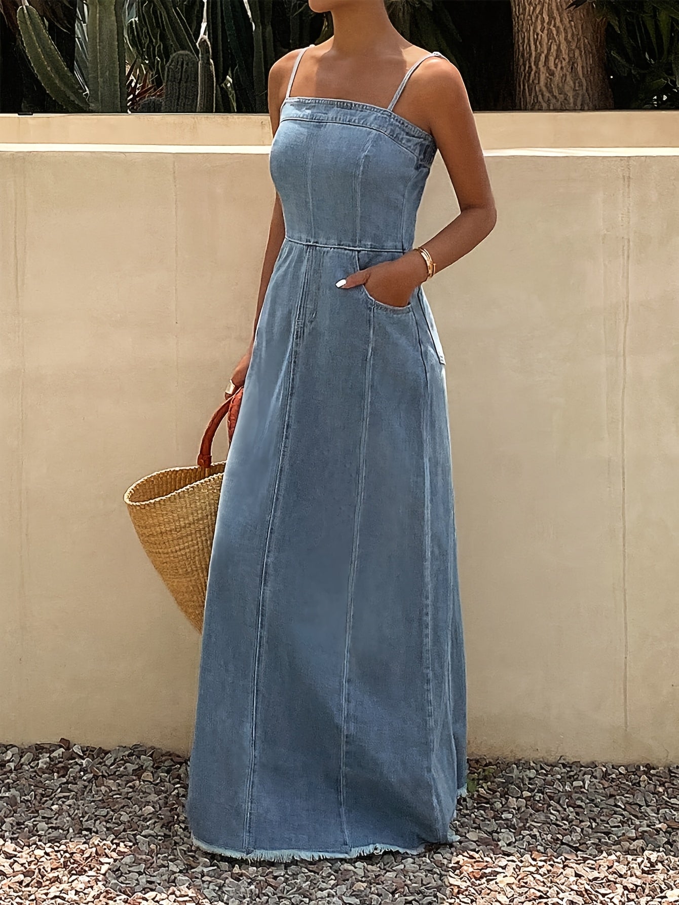 Distressed Denim Cami Maxi Dress