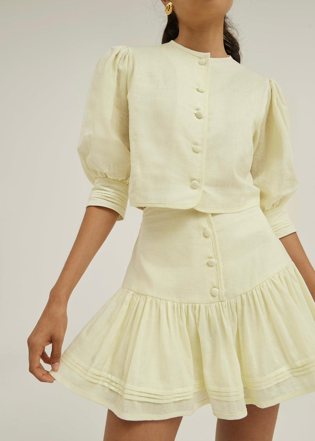Laney Tiered Linen Frill Set | Pastel Lemon