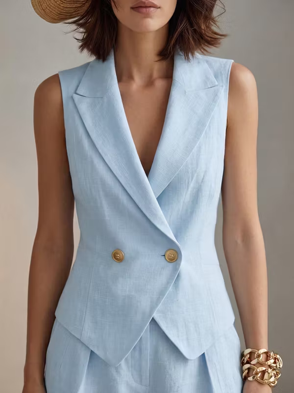 Azure | Linen Double-Breasted Vest Shorts Set