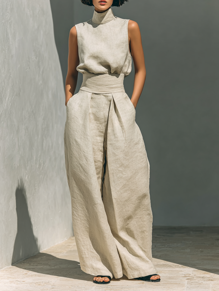 Cotton And Linen Blend Blouse And Leg Pants Set