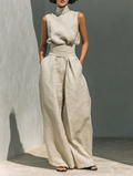 Cotton And Linen Blend Blouse And Leg Pants Set