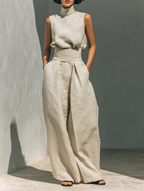 Cotton And Linen Blend Blouse And Leg Pants Set