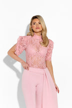 Pink lace top from Gardenia, stylish women’s blouse with intricate lace details, perfect for casual or dressy occasions.