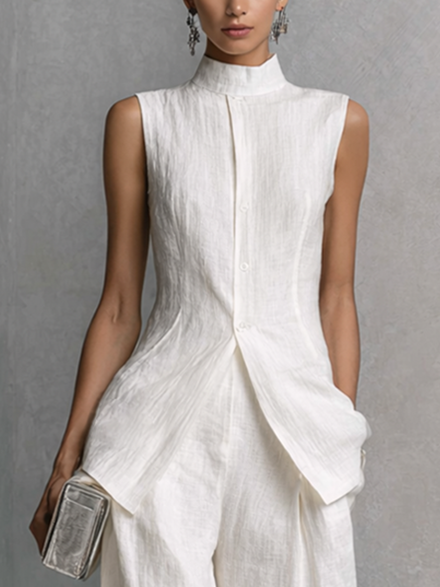 Elegant Cotton Linen Sleeveless Top and  Pants Set