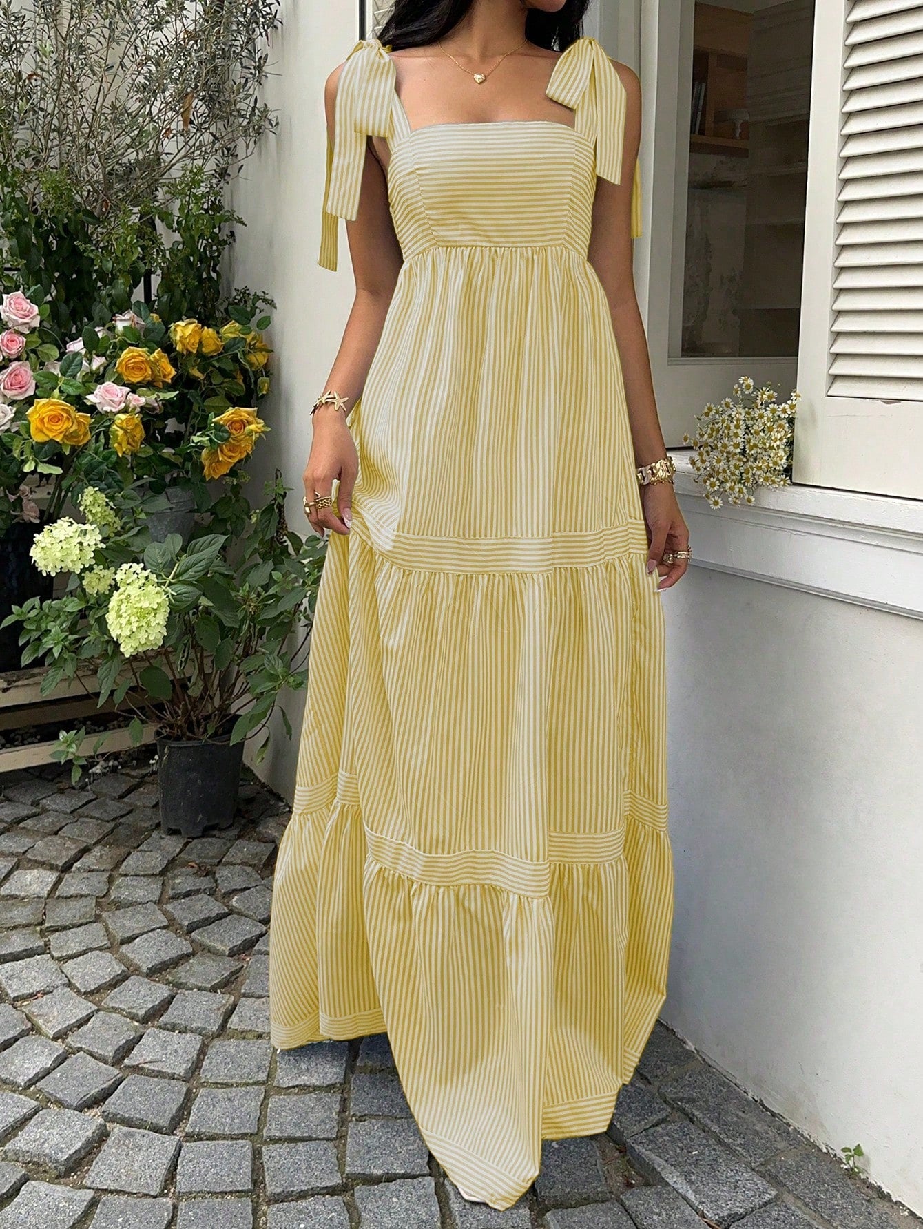 Lace-Up Striped Patchwork Dress