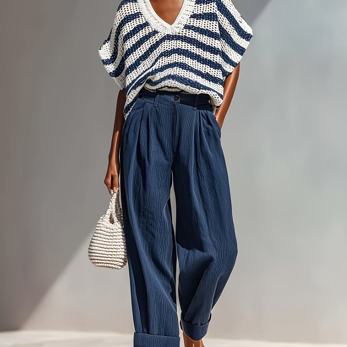 Chic Blue Stripe Mesh VNeck Summer CoverUp Blouse