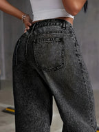 Korean wide-leg jeans by 64b136-1e, featuring a relaxed fit, high waist, and classic denim look with visible stitching.