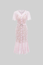 Elegant Floral Lace Fitted Dress with Button Detail and Scalloped Hem - Blush Pink
