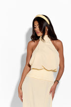 ASCOT Lemon Maxi Dress by 64b136-1e, vibrant yellow floral maxi dress with flowing fabric and sleeveless design.