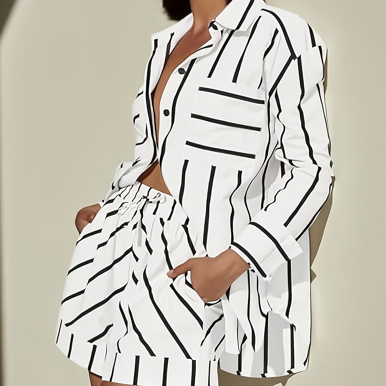 Chic Striped Patchwork Lapel Shirt  HighWaist Shorts Set