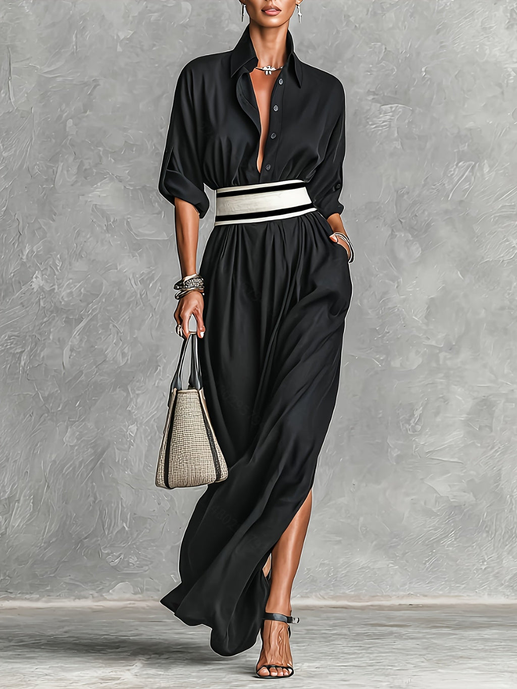 French Belted High-Slit Dress