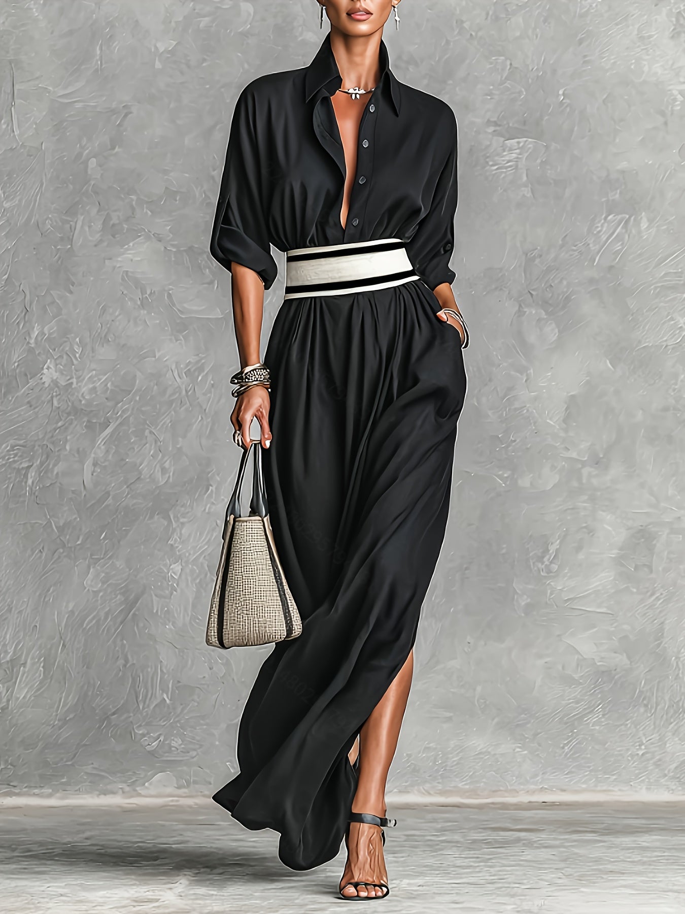 French Belted High-Slit Dress