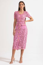 Exquisite Short Sleeve Lace Midi Dress - Rose