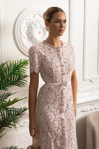 Elegant Floral Lace Fitted Dress with Button Detail and Scalloped Hem - Blush Pink