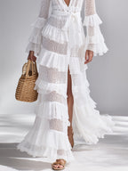Women's Crisp White Crochet Knit Cardigan With Deep V-Neck & Layered Ruffles, Timeless Bohemian-Glam Style Cardigan MDA2372L3I