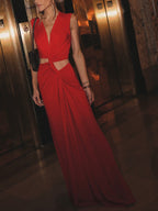 Modern Deep V-Neck Cutout Twist Knit Maxi Dress