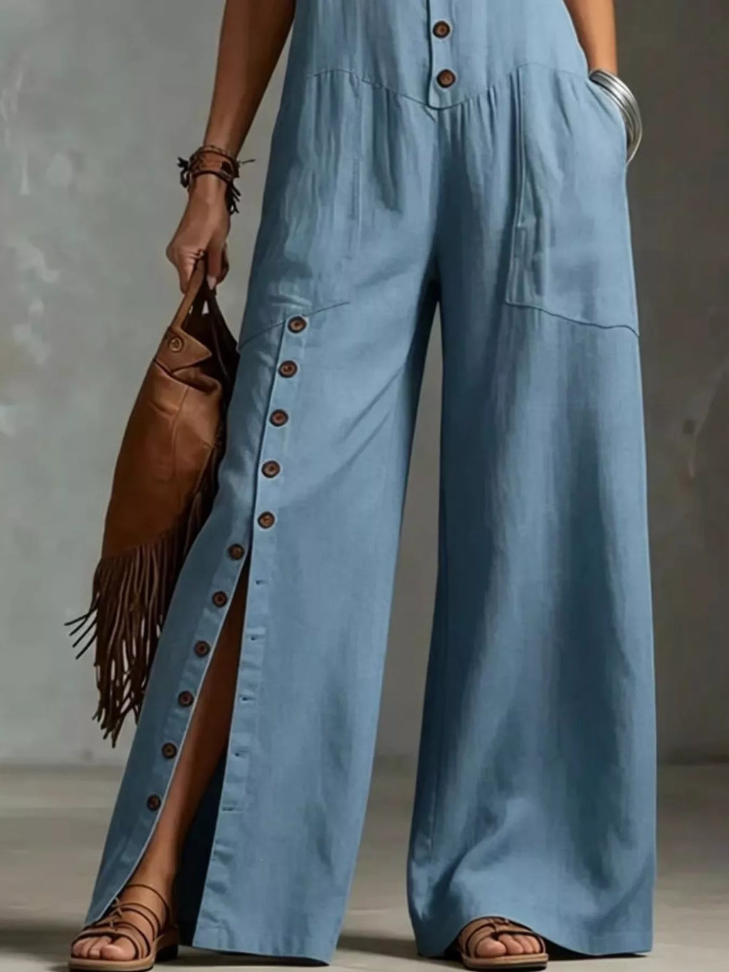 Sleeveless Button-Front Wide-Leg Jumpsuit