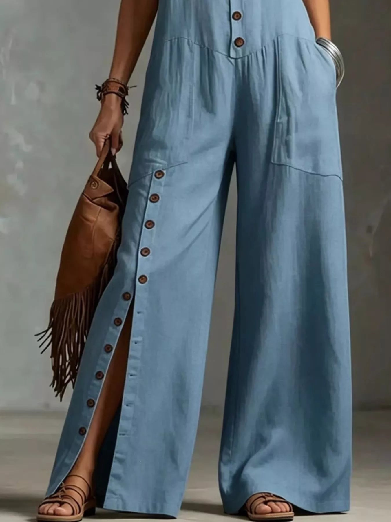 Sleeveless Button-Front Wide-Leg Jumpsuit